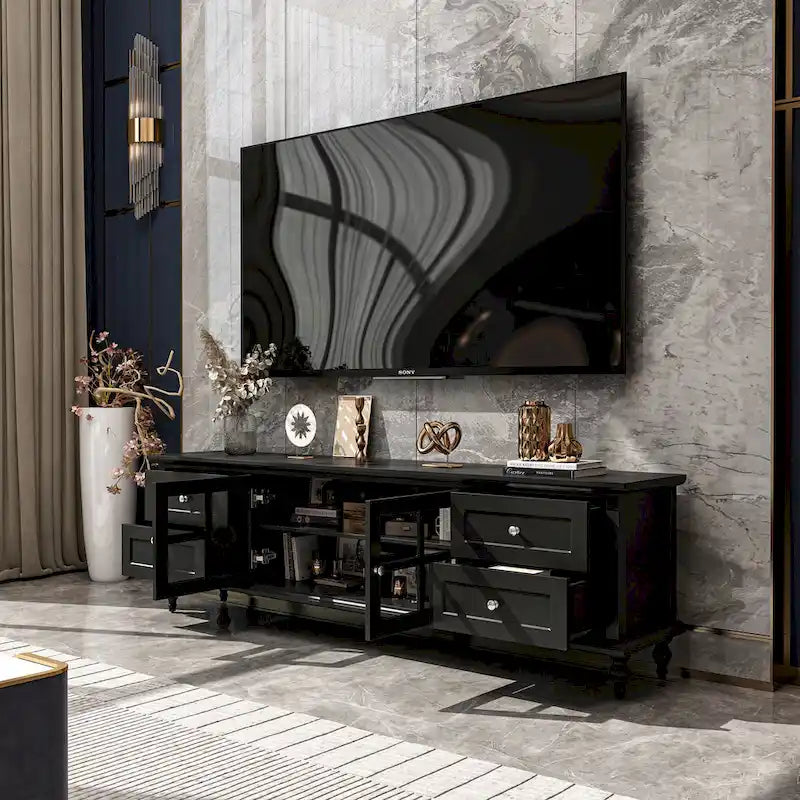 Meuble TV moderne blanc avec portes en verre et tiroirs console de divertissement - 70.9