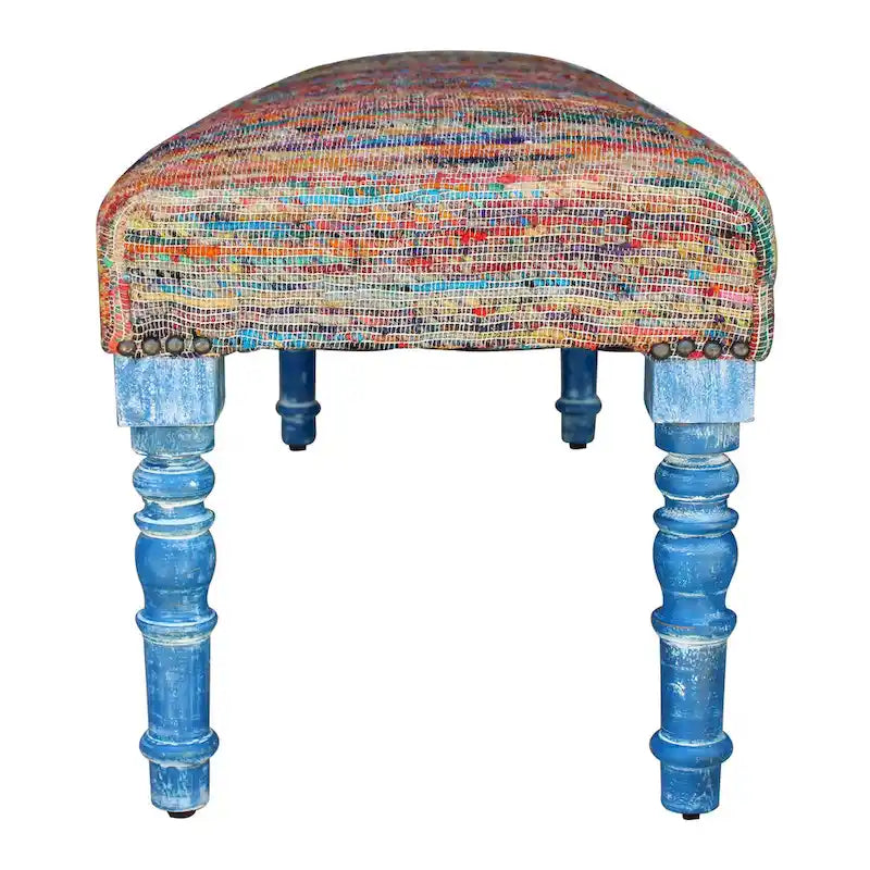 HomeRoots Banc rembourré à rayures arc-en-ciel bleues avec pieds – 47 x 18 x 16