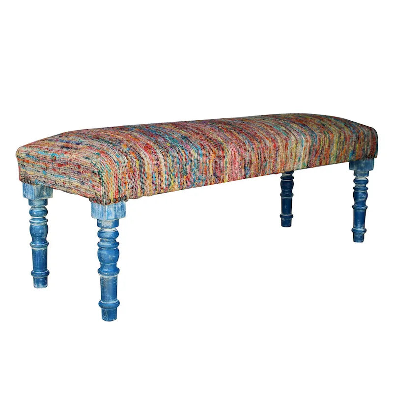 HomeRoots Banc rembourré à rayures arc-en-ciel bleues avec pieds – 47 x 18 x 16