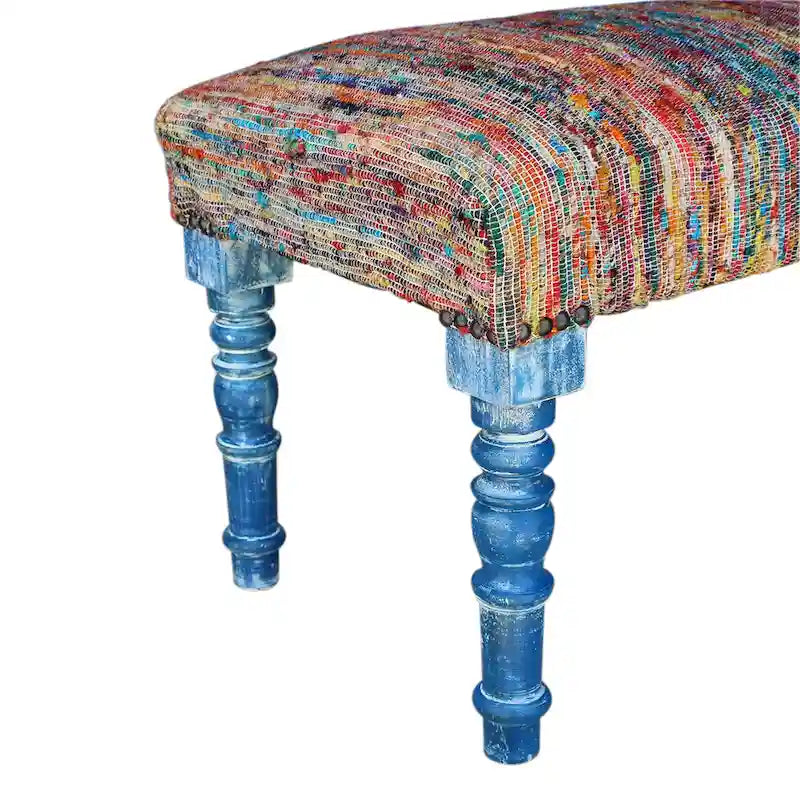 HomeRoots Banc rembourré à rayures arc-en-ciel bleues avec pieds – 47 x 18 x 16
