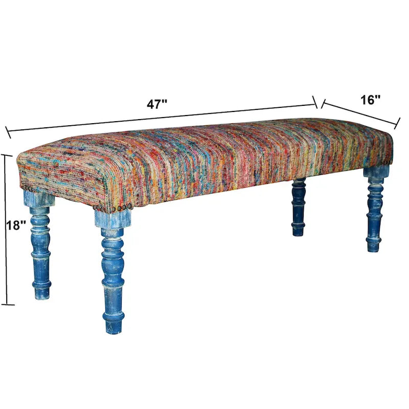 HomeRoots Banc rembourré à rayures arc-en-ciel bleues avec pieds – 47 x 18 x 16