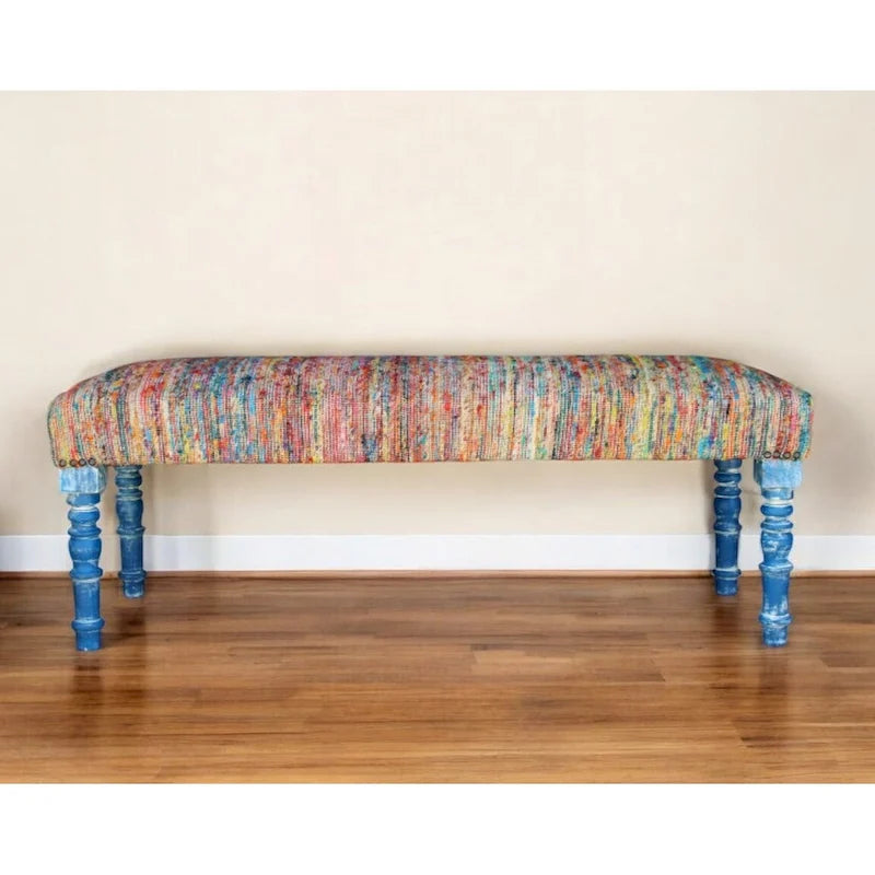 HomeRoots Banc rembourré à rayures arc-en-ciel bleues avec pieds – 47 x 18 x 16