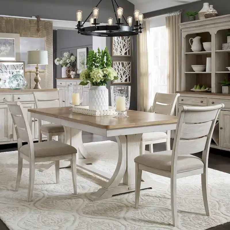 Table de salle à manger à tréteaux 5 pièces « Farmhouse Reimagined », blanc antique avec option châtaignier