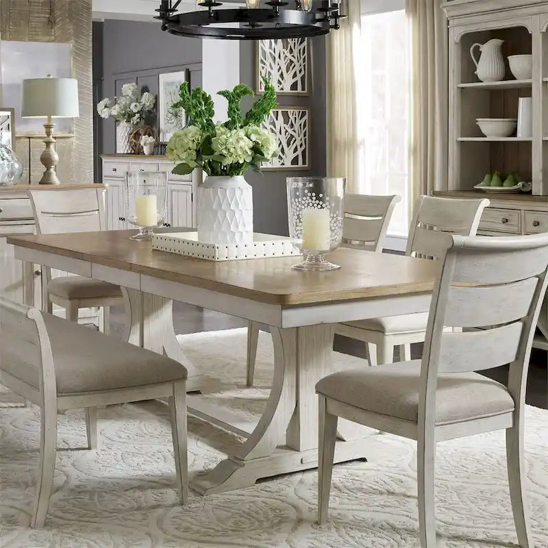 Table de salle à manger à tréteaux 5 pièces « Farmhouse Reimagined », blanc antique avec option châtaignier
