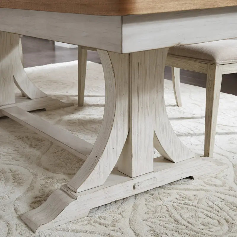 Table de salle à manger à tréteaux 5 pièces « Farmhouse Reimagined », blanc antique avec option châtaignier