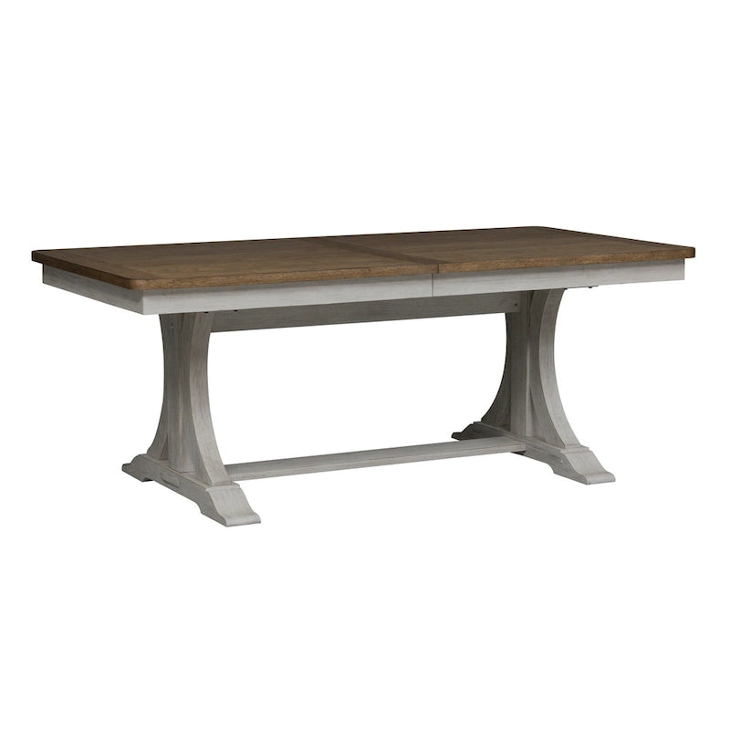 Table de salle à manger à tréteaux 5 pièces « Farmhouse Reimagined », blanc antique avec option châtaignier