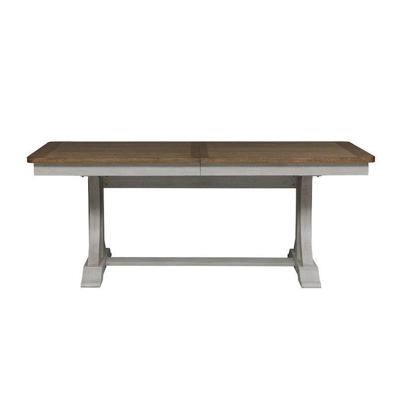 Table de salle à manger à tréteaux 5 pièces « Farmhouse Reimagined », blanc antique avec option châtaignier