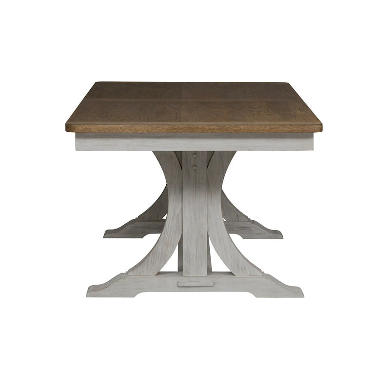 Table de salle à manger à tréteaux 5 pièces « Farmhouse Reimagined », blanc antique avec option châtaignier