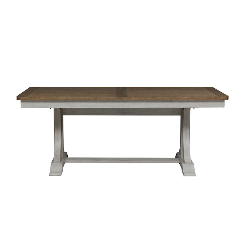 Table de salle à manger à tréteaux 5 pièces « Farmhouse Reimagined », blanc antique avec option châtaignier
