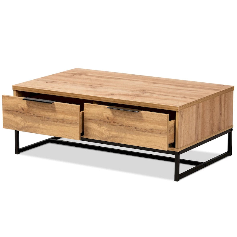 Table basse à 2 tiroirs Franklin en bois de chêne marron et métal noir