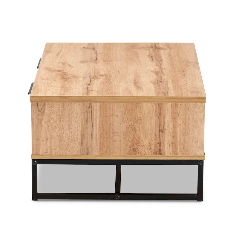 Table basse à 2 tiroirs Franklin en bois de chêne marron et métal noir