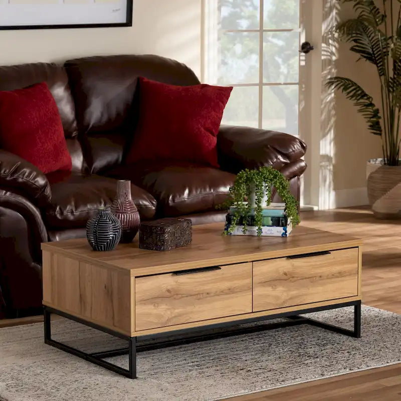Table basse à 2 tiroirs Franklin en bois de chêne marron et métal noir