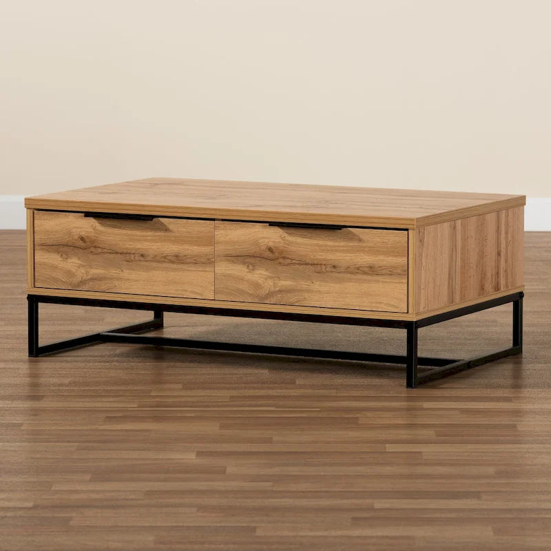 Table basse à 2 tiroirs Franklin en bois de chêne marron et métal noir