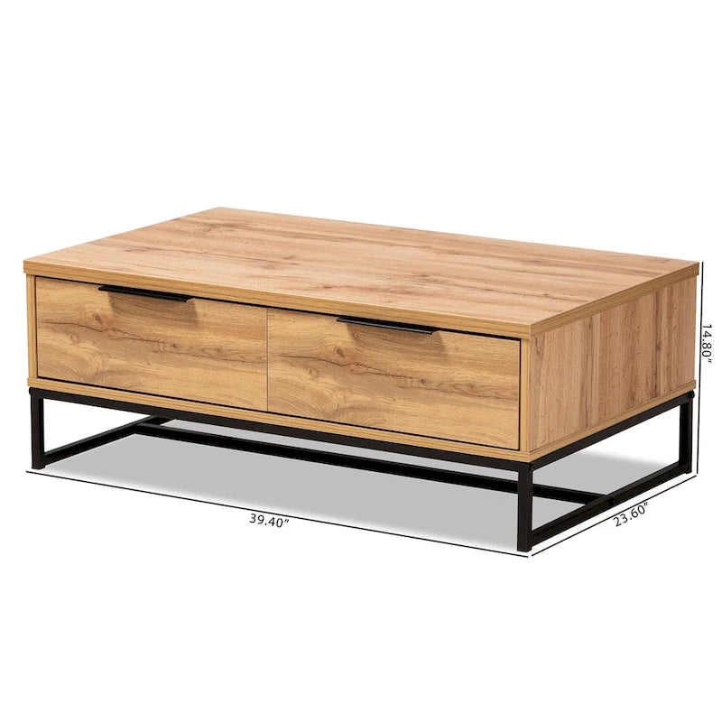 Table basse à 2 tiroirs Franklin en bois de chêne marron et métal noir