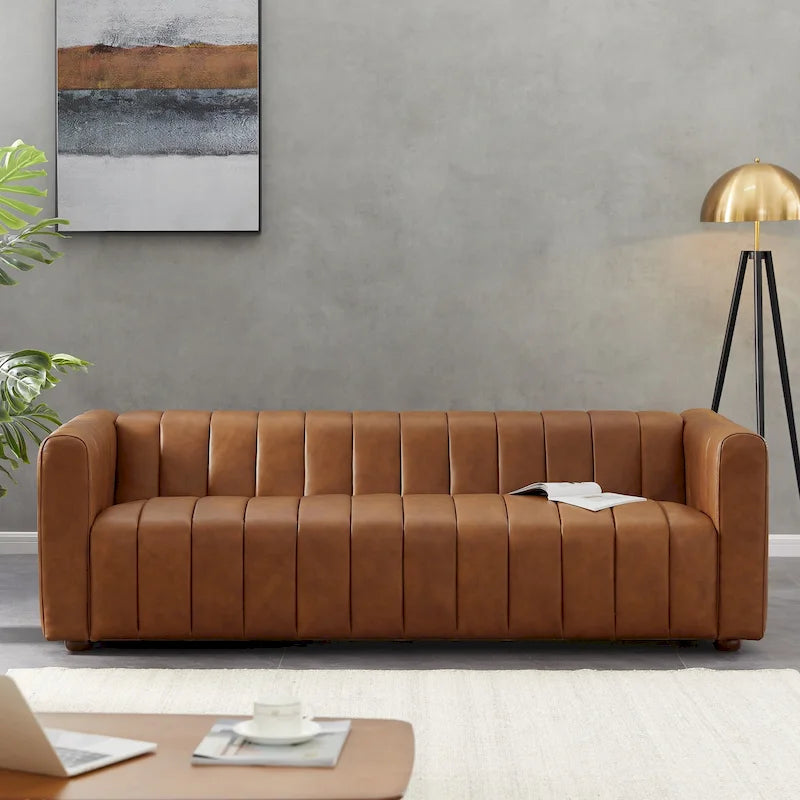Canapé Designer en Cuir Pleine Fleur Clarence Mid-Century de Couleur Tan