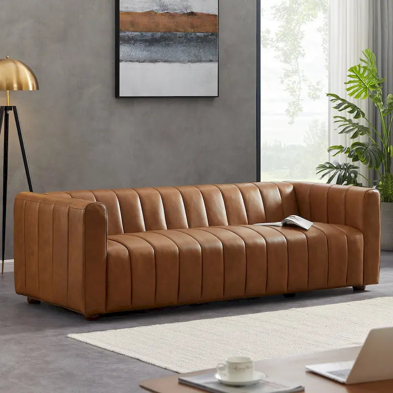 Canapé Designer en Cuir Pleine Fleur Clarence Mid-Century de Couleur Tan