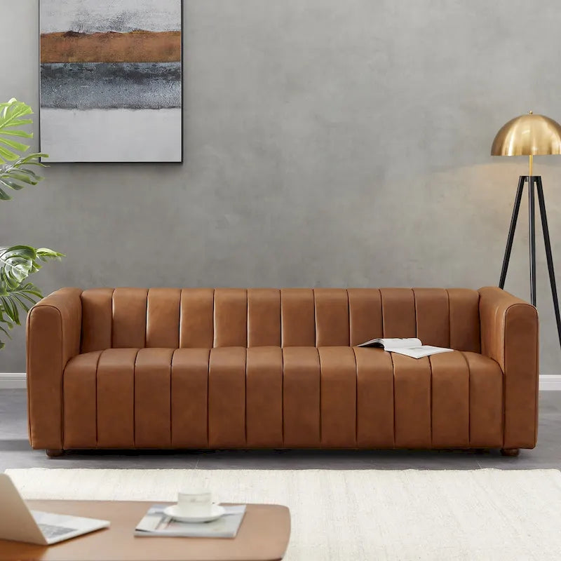 Canapé Designer en Cuir Pleine Fleur Clarence Mid-Century de Couleur Tan