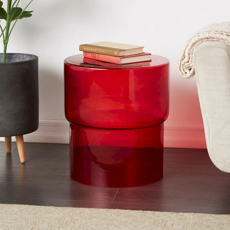 Table d'appoint moderne en verre - Transparente ou rouge - Décor Roche River