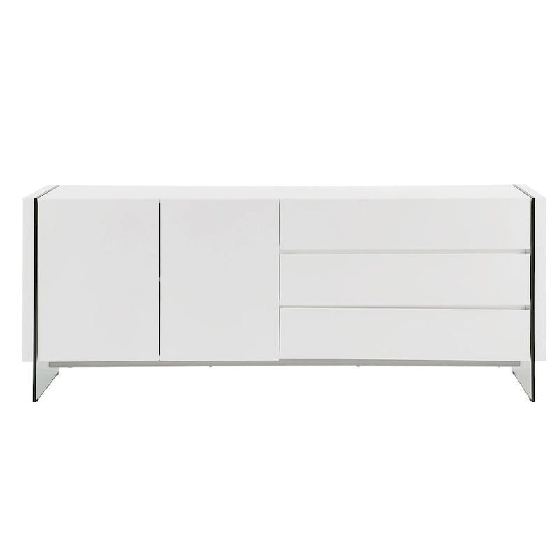 Buffet IL VETRO en laque blanche haute brillance avec verre transparent.