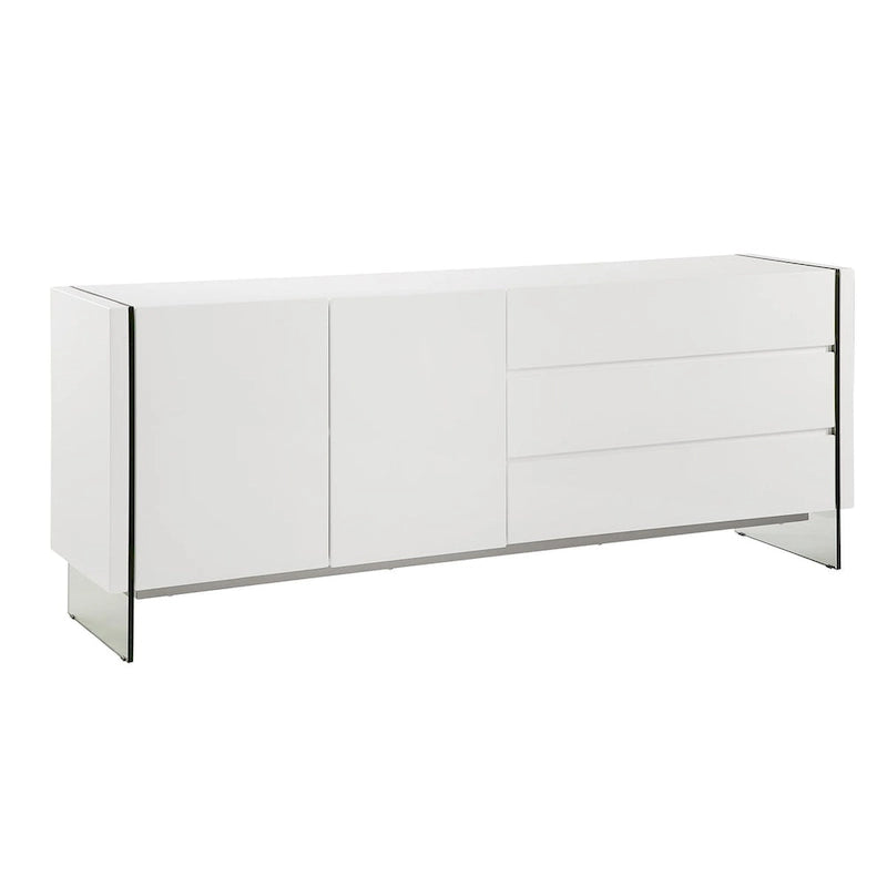 Buffet IL VETRO en laque blanche haute brillance avec verre transparent.