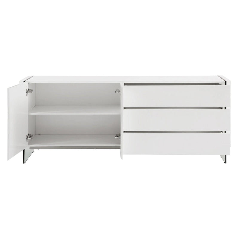 Buffet IL VETRO en laque blanche haute brillance avec verre transparent.