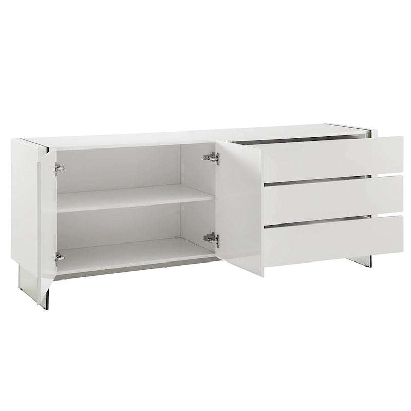 Buffet IL VETRO en laque blanche haute brillance avec verre transparent.