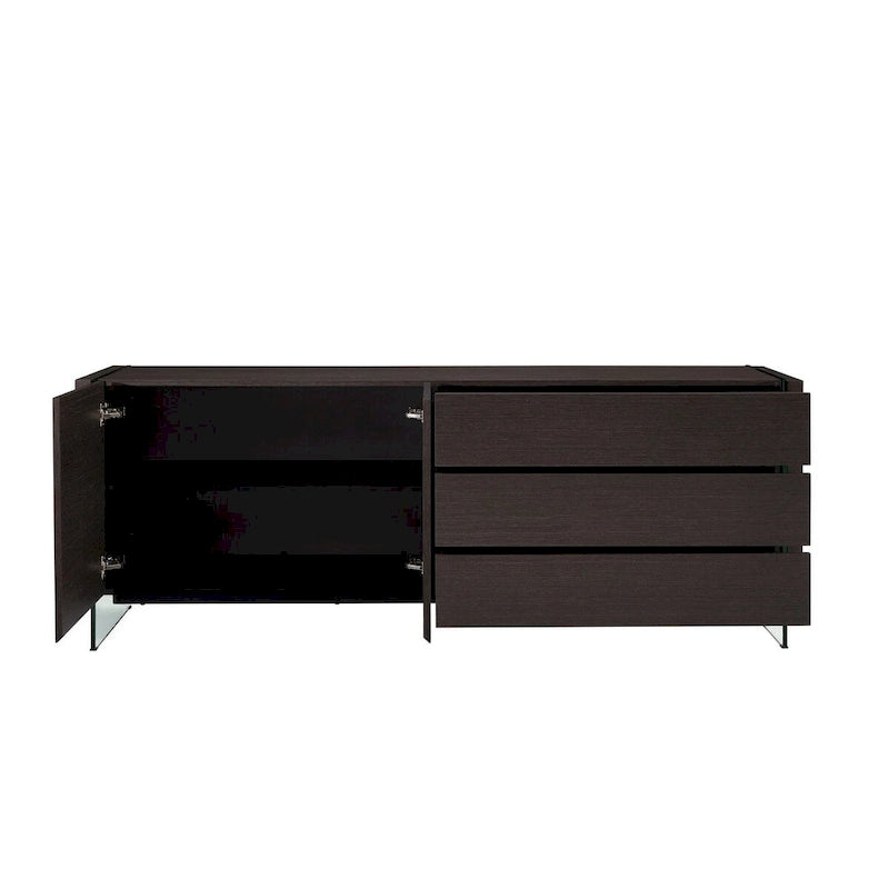 Buffet IL VETRO en laque blanche haute brillance avec verre transparent.