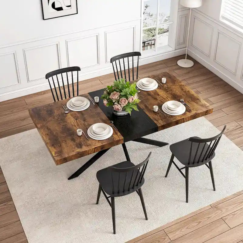 Table à manger rectangulaire rétro avec plateau Carole et plaque centrale noire gaufrée
