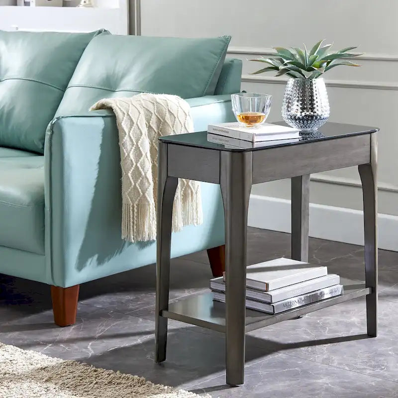 Copper Grove Hemer Narrow End Table with Black Glass Top