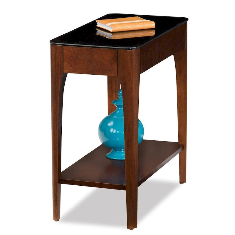 Table d'appoint étroite Copper Grove Hemer avec plateau en verre noir