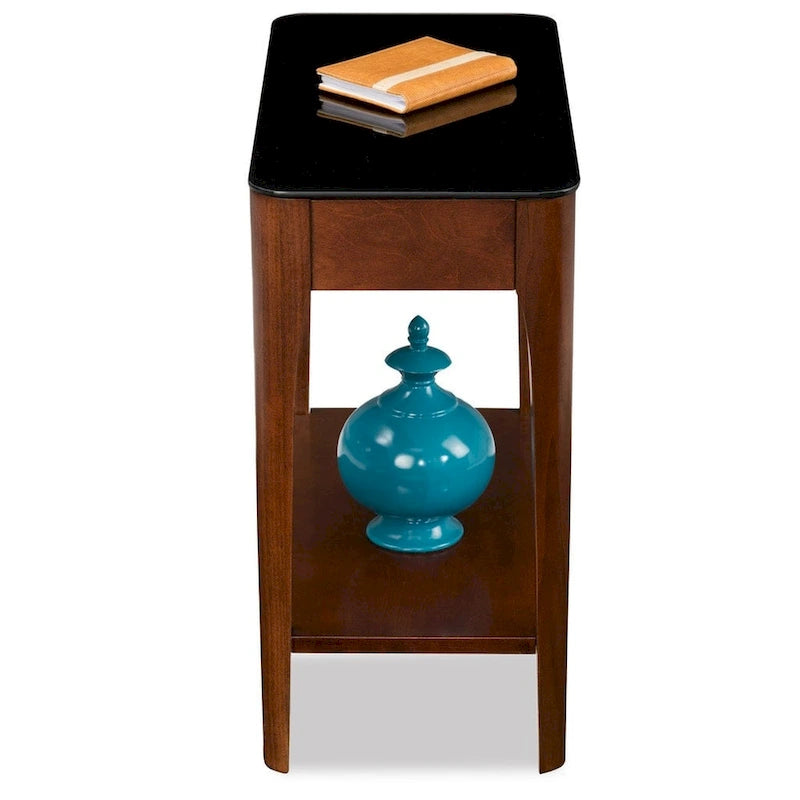 Table d'appoint étroite Copper Grove Hemer avec plateau en verre noir