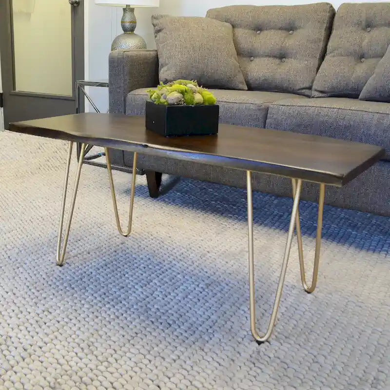 Table basse/Banc live edge Carolina Living Seti – Plateau en orme – Base dorée