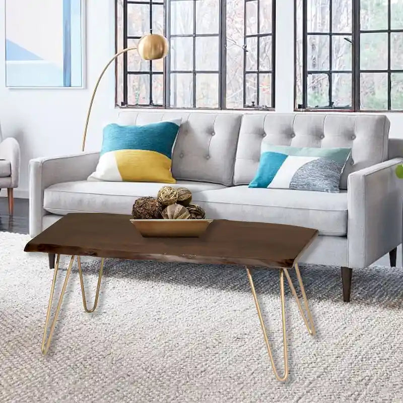Table basse/Banc live edge Carolina Living Seti – Plateau en orme – Base dorée