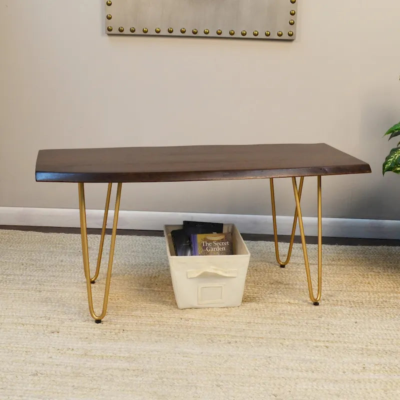 Table basse/Banc live edge Carolina Living Seti – Plateau en orme – Base dorée