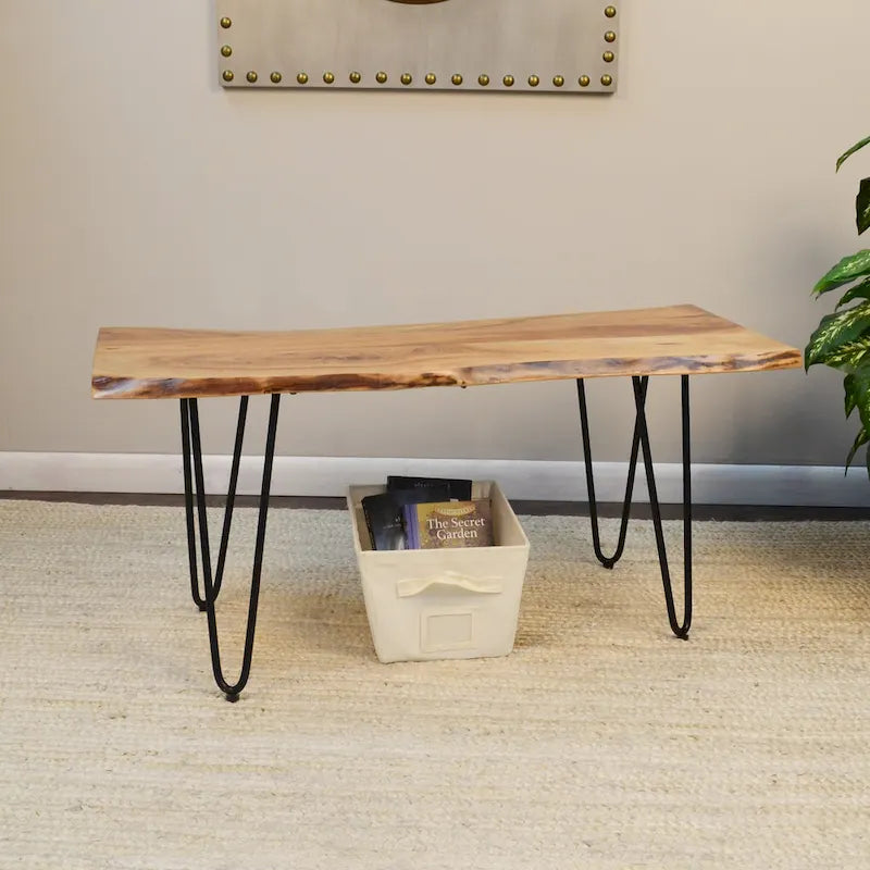 Table basse/Banc live edge Carolina Living Seti – Plateau en orme – Base dorée