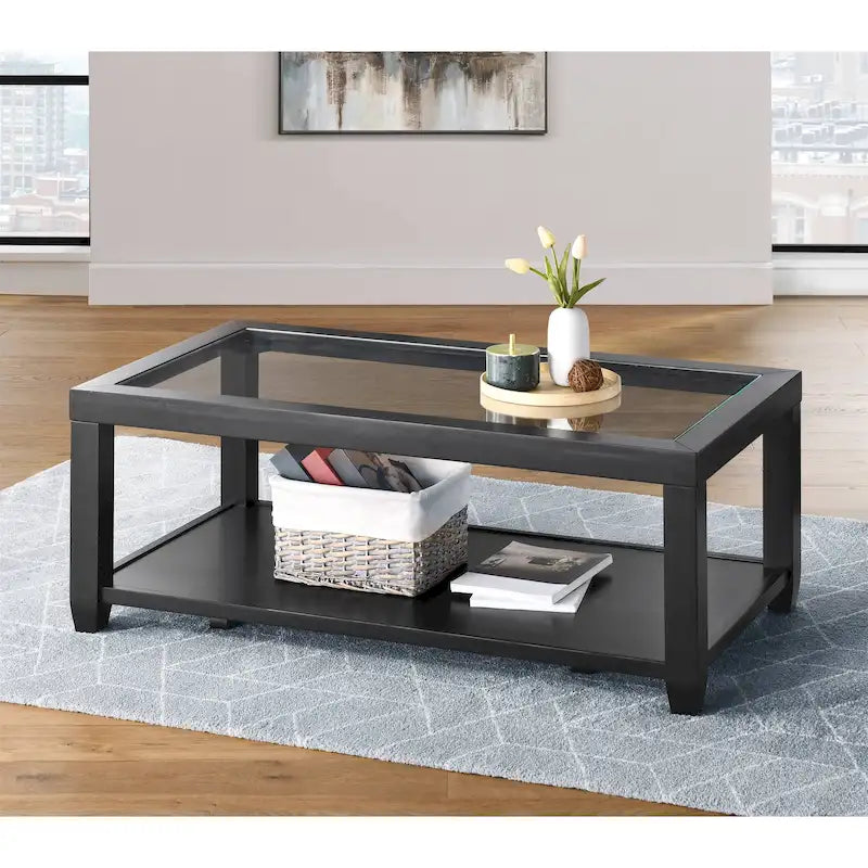 Table basse Cordero en bois et verre, largeur 48 pouces, avec étagère de rangement
