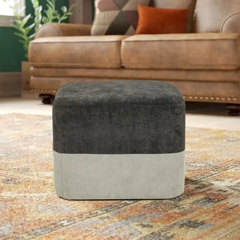 Repose-Pieds Tabouret Carré en Tissu Adeco avec Coutures Bicolores