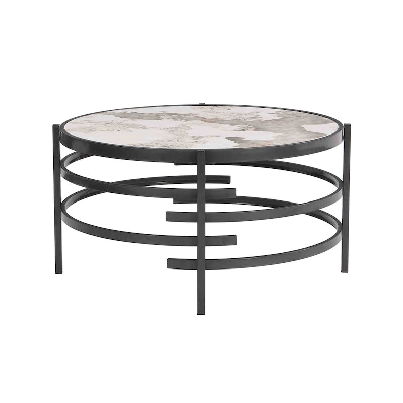 32.48 Table basse ronde moderne avec plateau en pierre frittée et cadre métallique robuste
