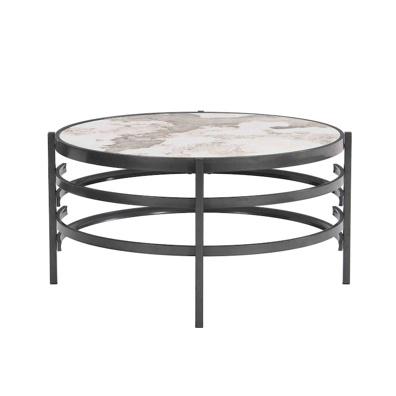 32.48 Table basse ronde moderne avec plateau en pierre frittée et cadre métallique robuste