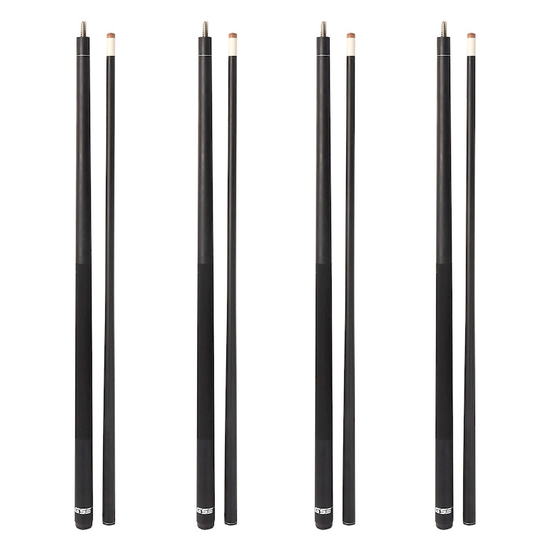 Jeu de 4 queues de billard GSE en fibre de verre composite graphite mat. Kit de 4 queues de billard de 58 po en 2 pièces pour usage domestique ou commercial.