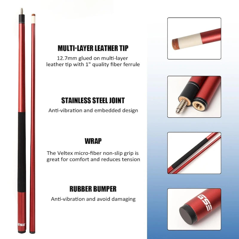 Jeu de 4 queues de billard GSE en fibre de verre composite graphite mat. Kit de 4 queues de billard de 58 po en 2 pièces pour usage domestique ou commercial.