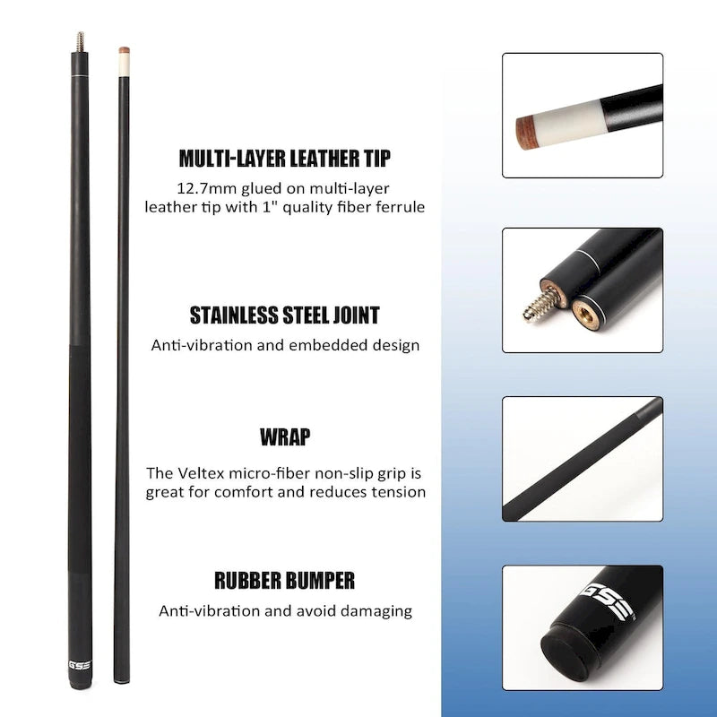 Jeu de 4 queues de billard GSE en fibre de verre composite graphite mat. Kit de 4 queues de billard de 58 po en 2 pièces pour usage domestique ou commercial.