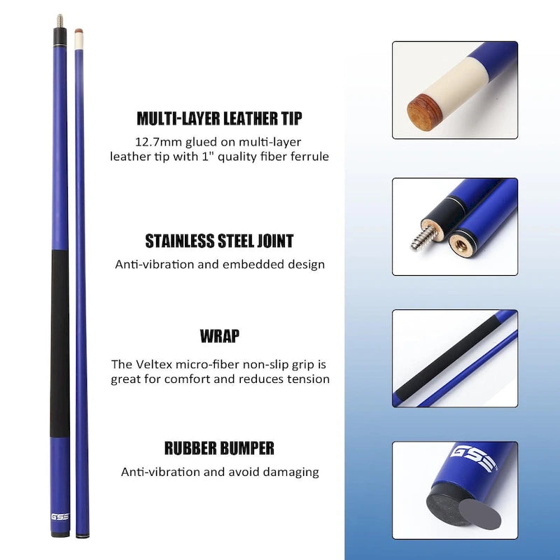 Jeu de 4 queues de billard GSE en fibre de verre composite graphite mat. Kit de 4 queues de billard de 58 po en 2 pièces pour usage domestique ou commercial.