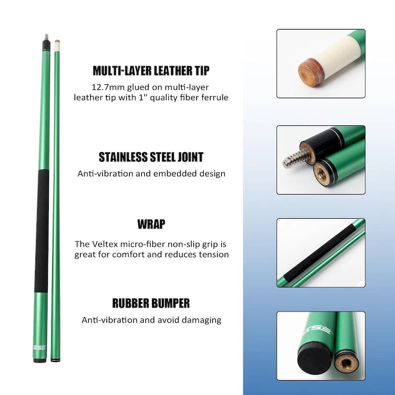 Jeu de 4 queues de billard GSE en fibre de verre composite graphite mat. Kit de 4 queues de billard de 58 po en 2 pièces pour usage domestique ou commercial.