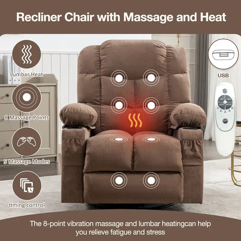 Fauteuil inclinable à bascule de massage Chaises à bascule surdimensionnées pour adultes avec 2 porte-gobelets, port de chargement USB Fonctions douces un massage manuel
