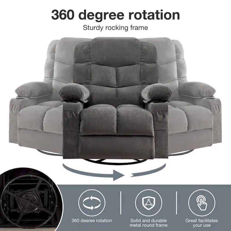 Fauteuil inclinable à bascule de massage Chaises à bascule surdimensionnées pour adultes avec 2 porte-gobelets, port de chargement USB Fonctions douces un massage manuel