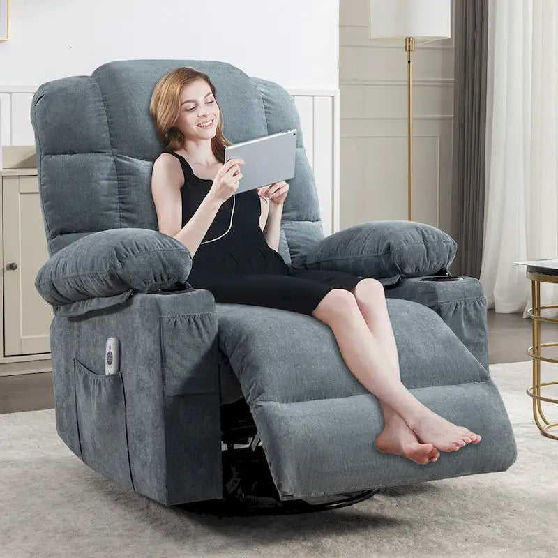Fauteuil inclinable à bascule de massage Chaises à bascule surdimensionnées pour adultes avec 2 porte-gobelets, port de chargement USB Fonctions douces un massage manuel