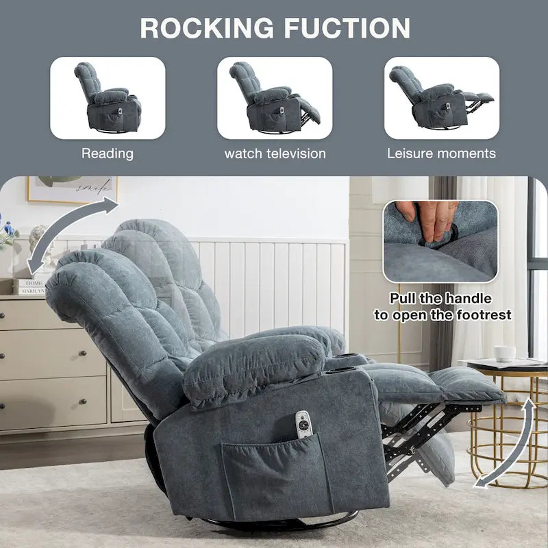 Fauteuil inclinable à bascule de massage Chaises à bascule surdimensionnées pour adultes avec 2 porte-gobelets, port de chargement USB Fonctions douces un massage manuel