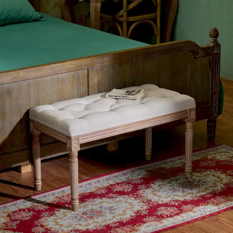 Banc capitonné de style français vintage CO-Z avec cadre en bois massif sculpté