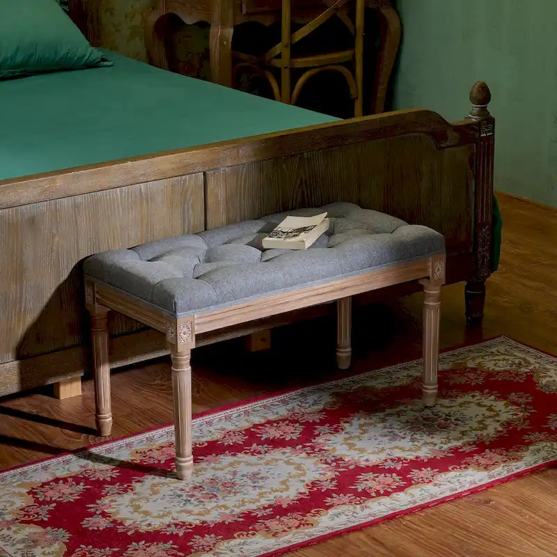 Banc capitonné de style français vintage CO-Z avec cadre en bois massif sculpté